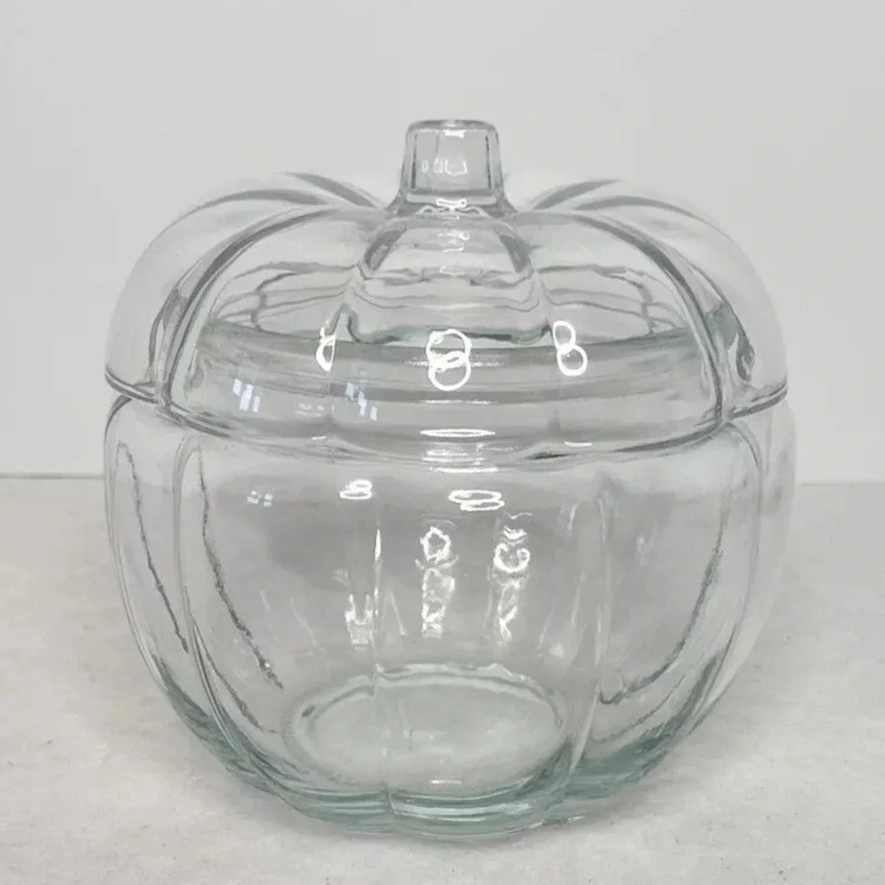 Clear Glass Pumpkin Shape Jar With Lid Candy Dish Trinket Bowl Autumn Fall Decor